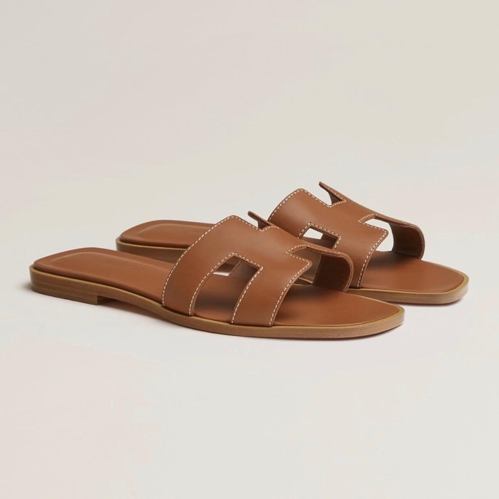Hermes Brown Leather Oran Slide Sandals